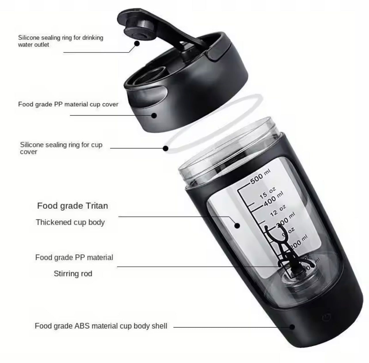 Electric Protein Shaker Bottle – USB Rechargeable Automatic Mixer (500ml)